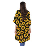 Black Sunflower Pattern Print Open Front Beach Cover Up