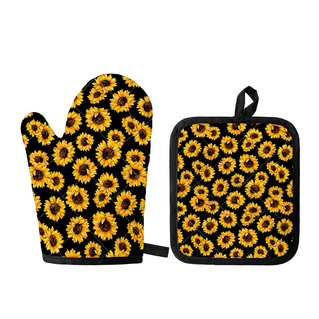 Black Sunflower Pattern Print Oven Mitt And Pot Holder Set