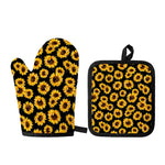 Black Sunflower Pattern Print Oven Mitt And Pot Holder Set