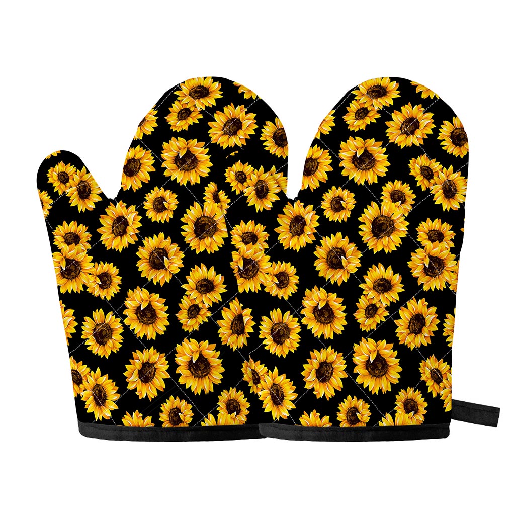 Black Sunflower Pattern Print Oven Mitts