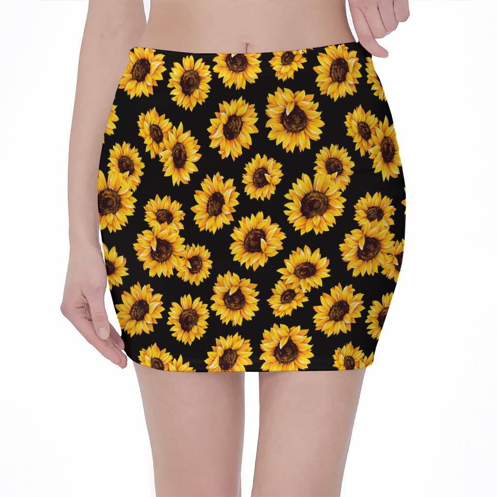 Black Sunflower Pattern Print Pencil Mini Skirt