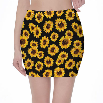 Black Sunflower Pattern Print Pencil Mini Skirt