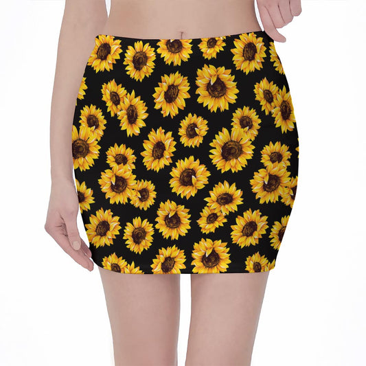 Black Sunflower Pattern Print Pencil Mini Skirt
