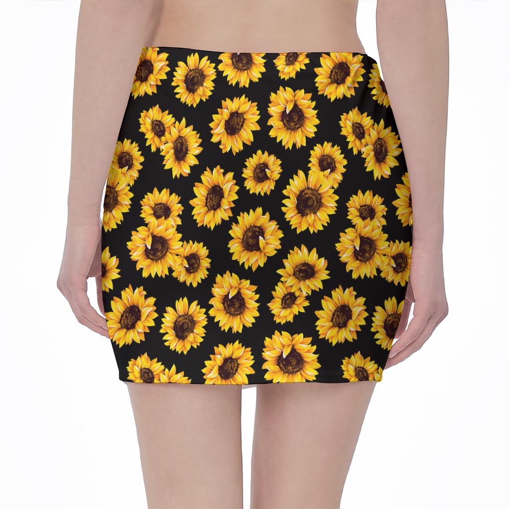 Black Sunflower Pattern Print Pencil Mini Skirt