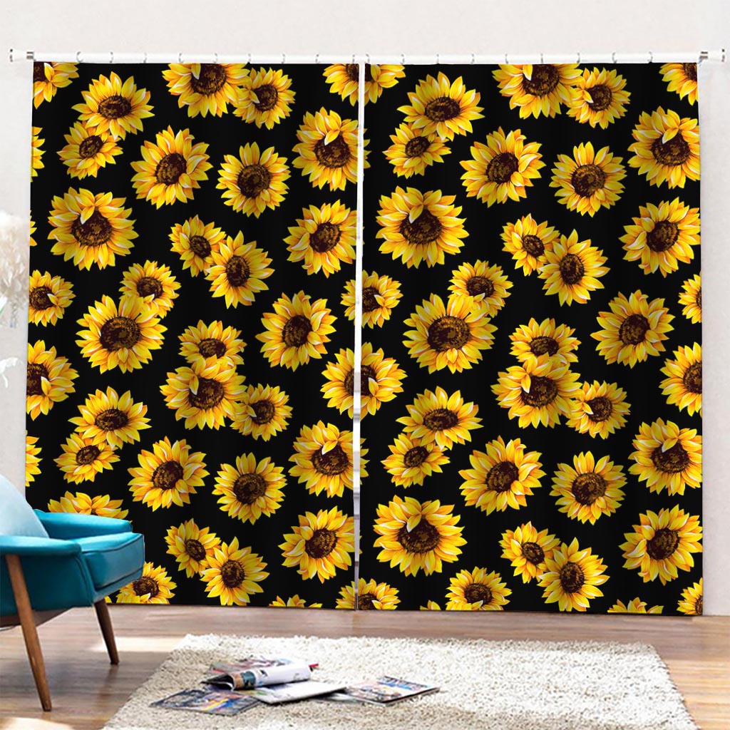 Black Sunflower Pattern Print Pencil Pleat Curtains