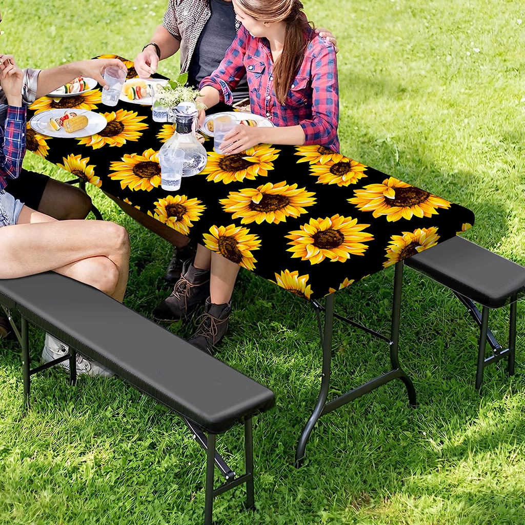 Black Sunflower Pattern Print Picnic Table Cover