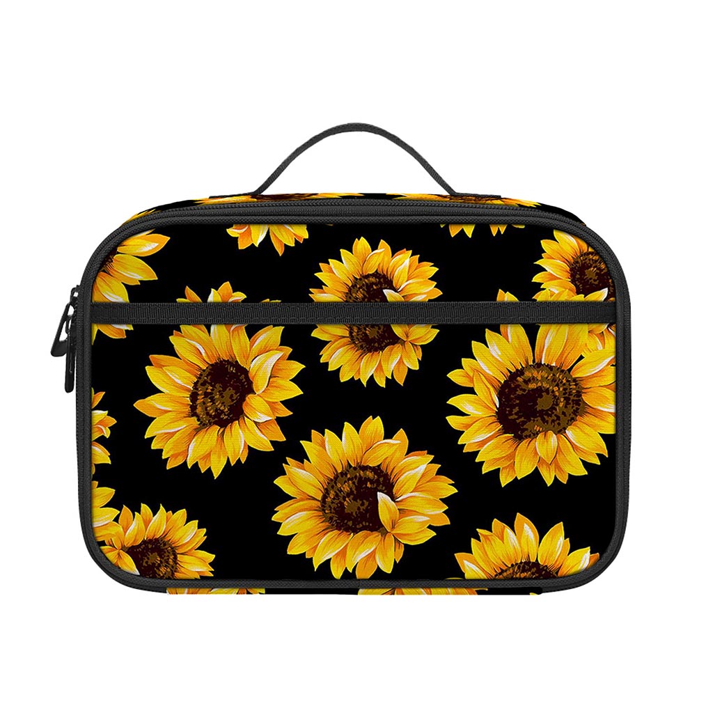 Black Sunflower Pattern Print Portable Lunch Bag