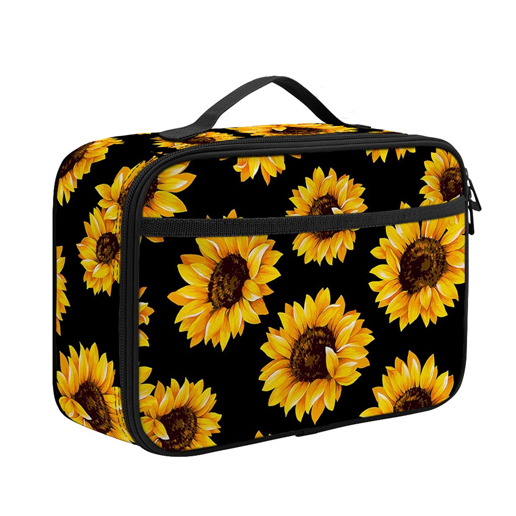 Black Sunflower Pattern Print Portable Lunch Bag