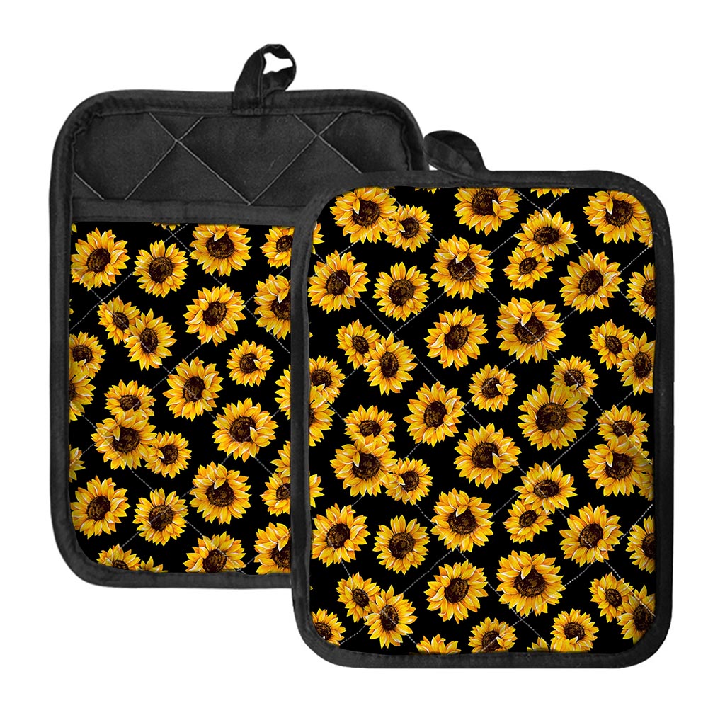 Black Sunflower Pattern Print Pot Holders With Pocket