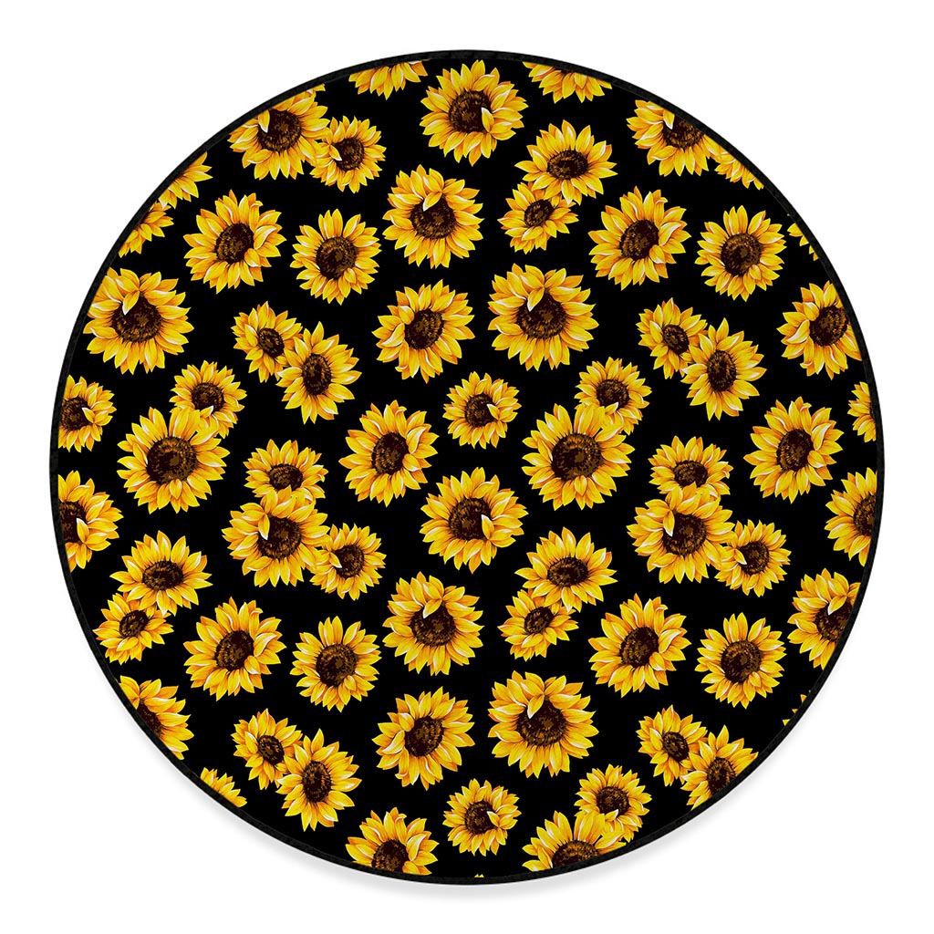 Black Sunflower Pattern Print Round Floor Mat
