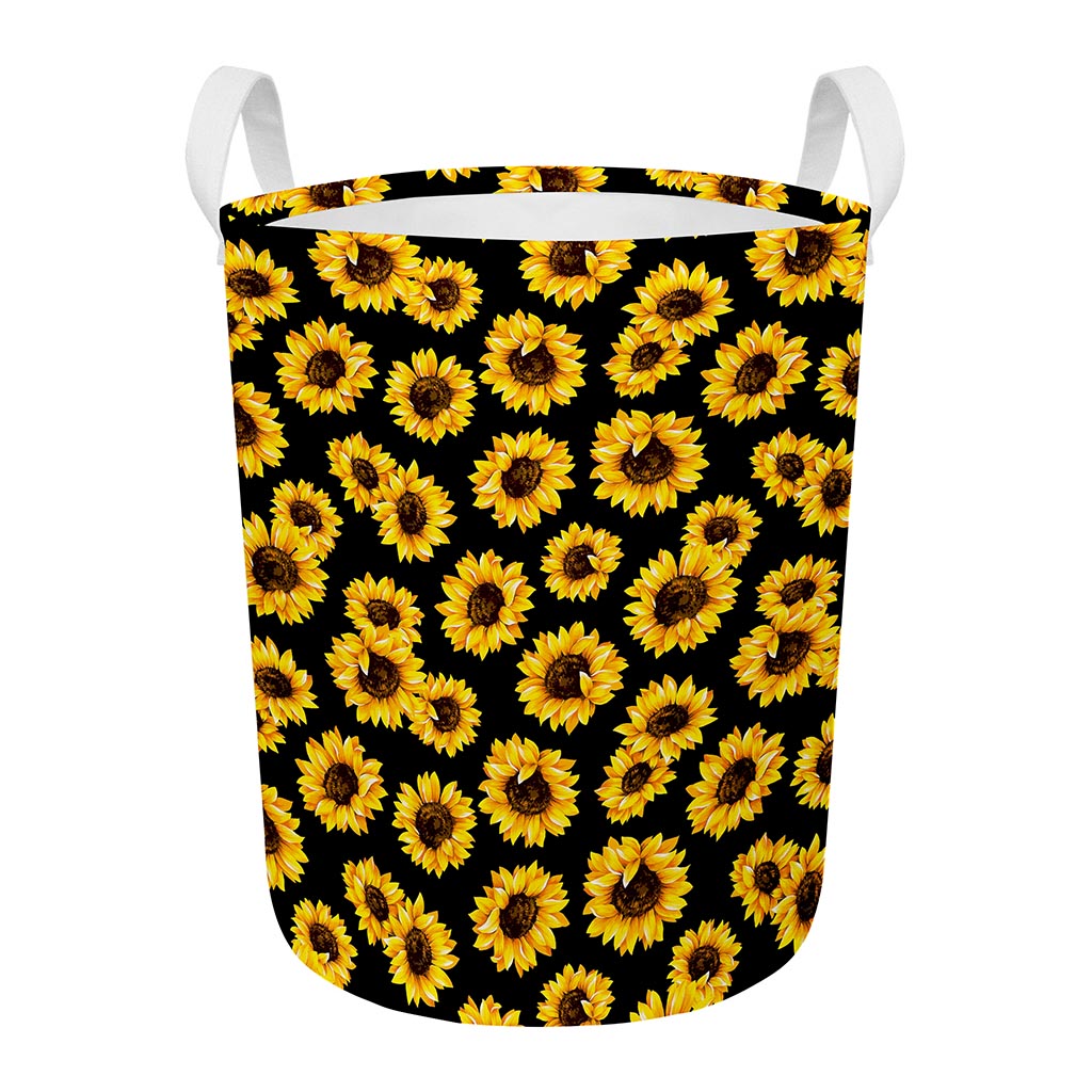 Black Sunflower Pattern Print Round Laundry Basket