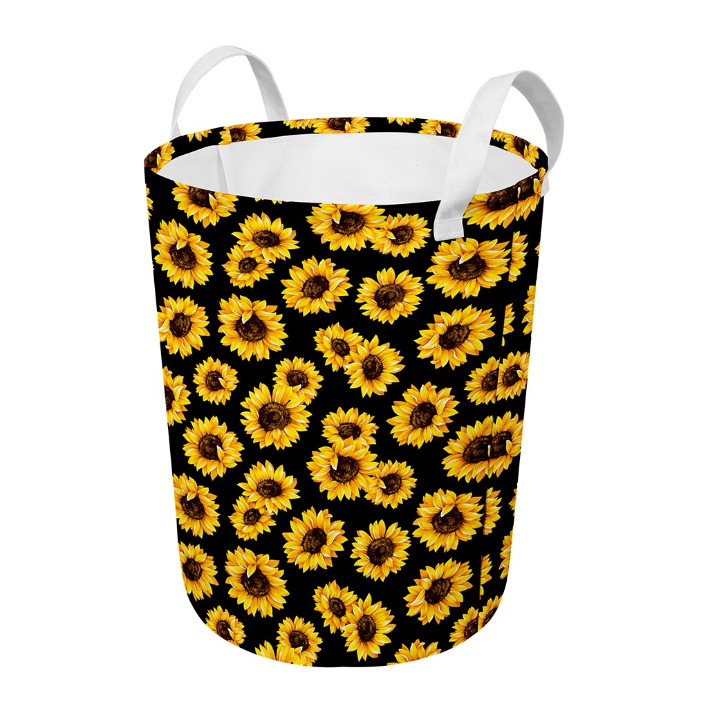 Black Sunflower Pattern Print Round Laundry Basket