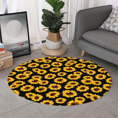 Black Sunflower Pattern Print Round Rug