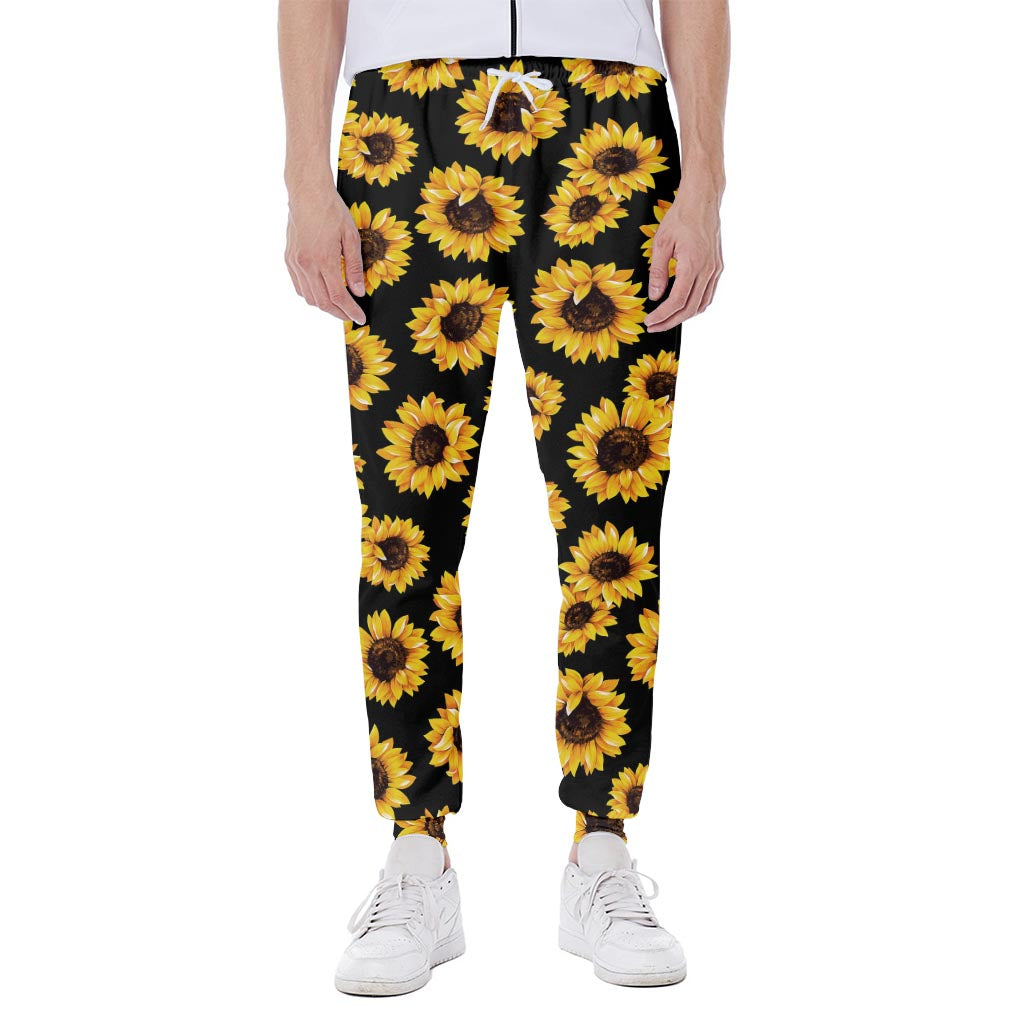 Black Sunflower Pattern Print Scuba Joggers