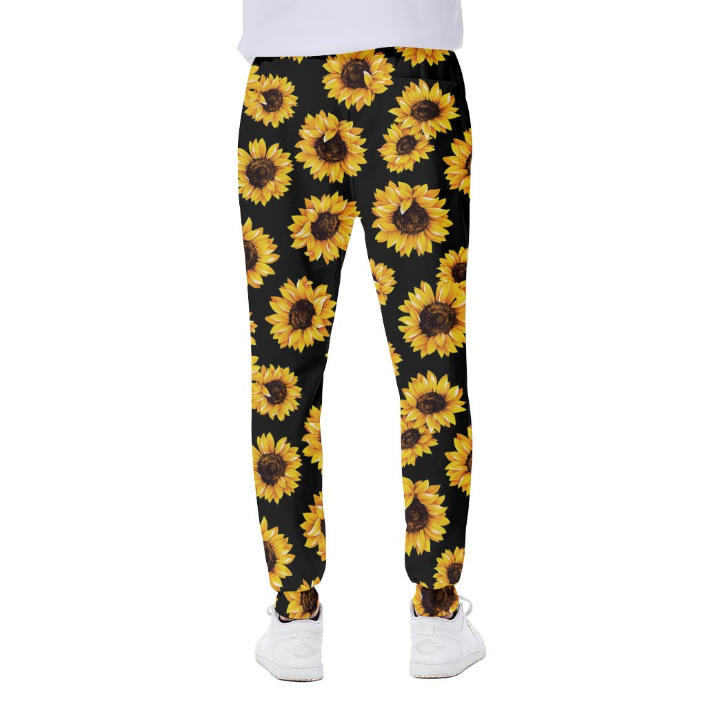 Black Sunflower Pattern Print Scuba Joggers