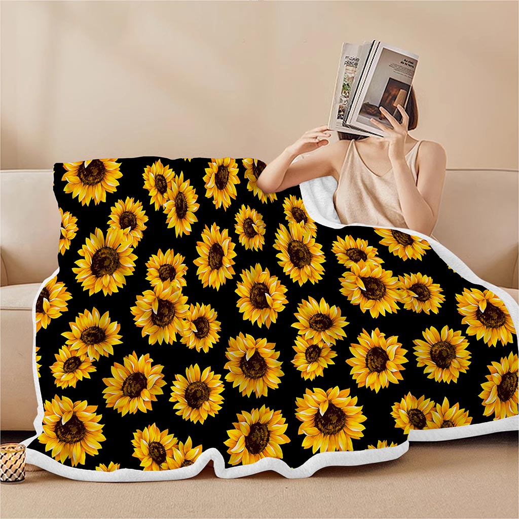 Black Sunflower Pattern Print Sherpa Blanket