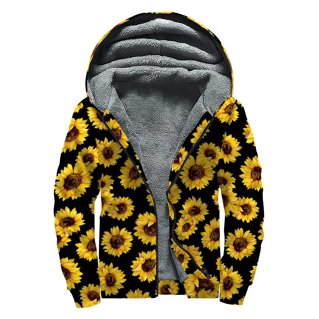 Black Sunflower Pattern Print Sherpa Lined Zip Up Hoodie