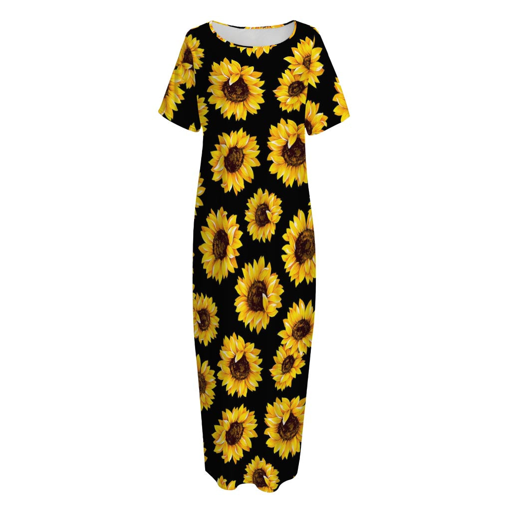 Black Sunflower Pattern Print Short Sleeve Long Nightdress