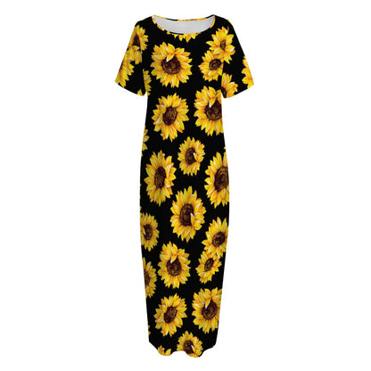 Black Sunflower Pattern Print Short Sleeve Long Nightdress