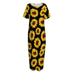 Black Sunflower Pattern Print Short Sleeve Long Nightdress