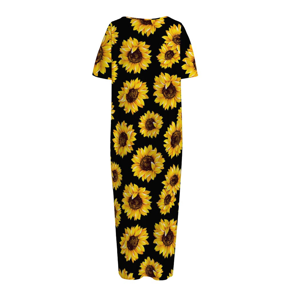 Black Sunflower Pattern Print Short Sleeve Long Nightdress
