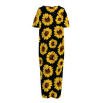 Black Sunflower Pattern Print Short Sleeve Long Nightdress