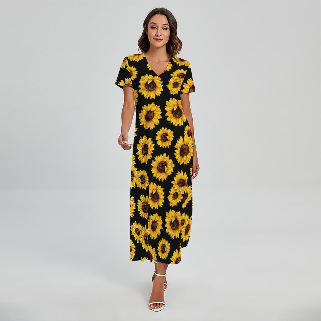 Black Sunflower Pattern Print Short Sleeve Maxi Dress