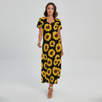 Black Sunflower Pattern Print Short Sleeve Maxi Dress