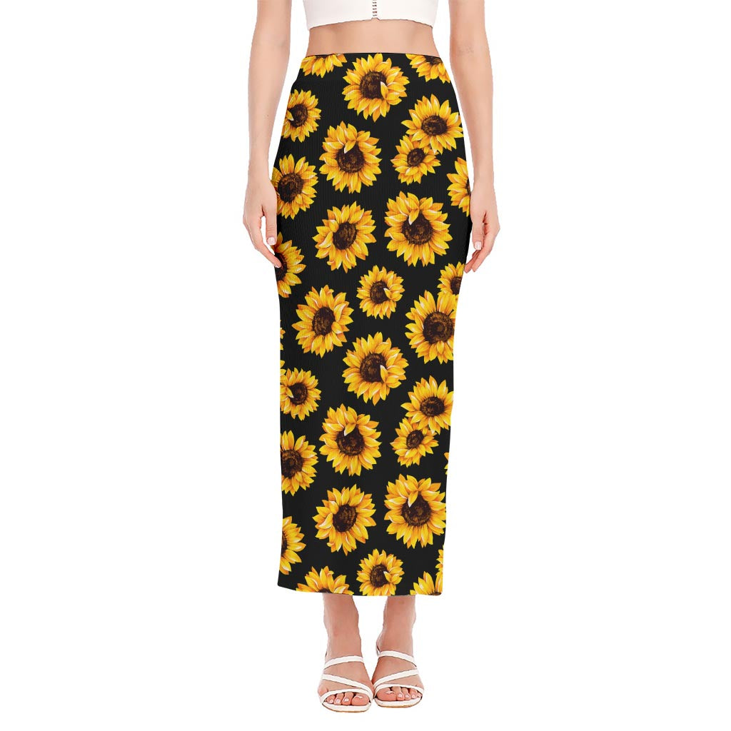 Black Sunflower Pattern Print Side Slit Maxi Skirt