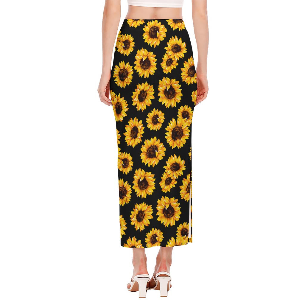 Black Sunflower Pattern Print Side Slit Maxi Skirt