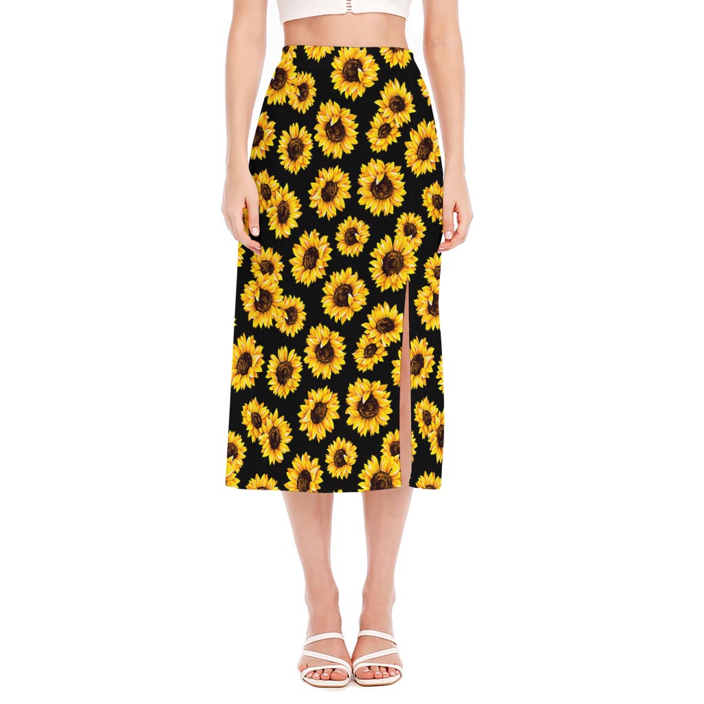 Black Sunflower Pattern Print Side Slit Midi Skirt
