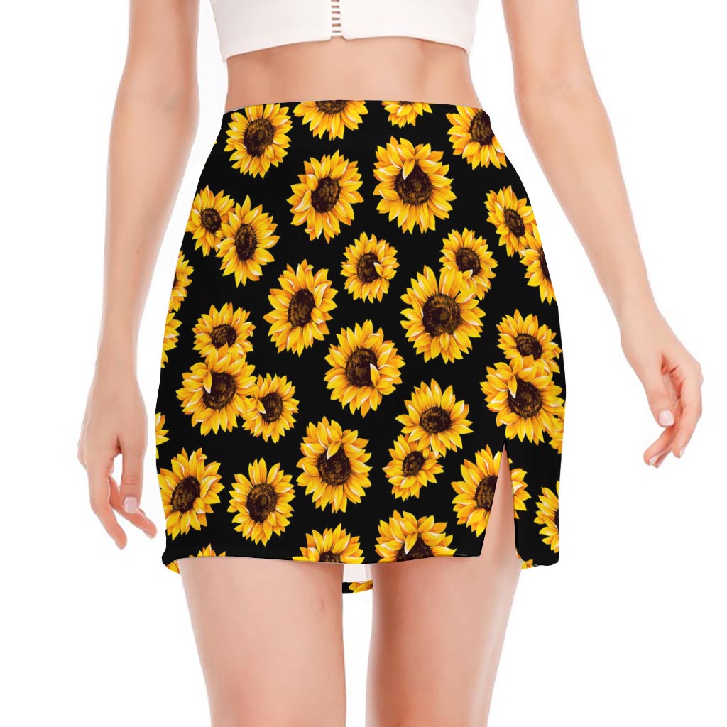 Black Sunflower Pattern Print Side Slit Mini Skirt