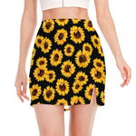 Black Sunflower Pattern Print Side Slit Mini Skirt