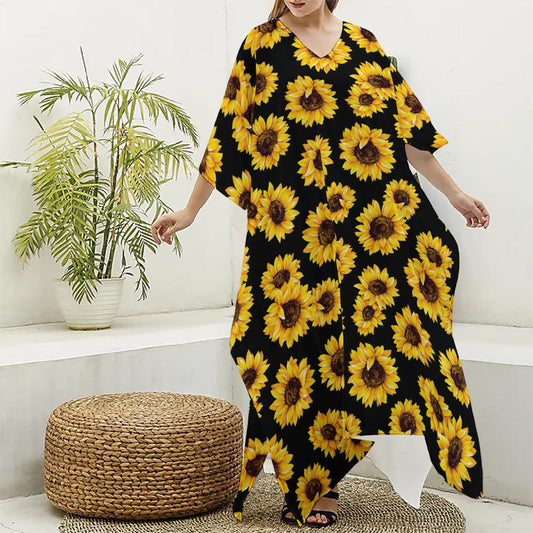 Black Sunflower Pattern Print Silk V-Neck Kaftan Dress