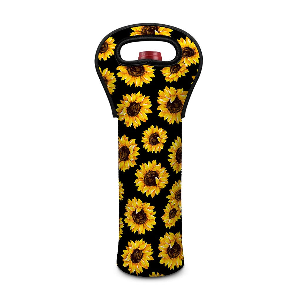 Black Sunflower Pattern Print Single Neoprene Wine Tote