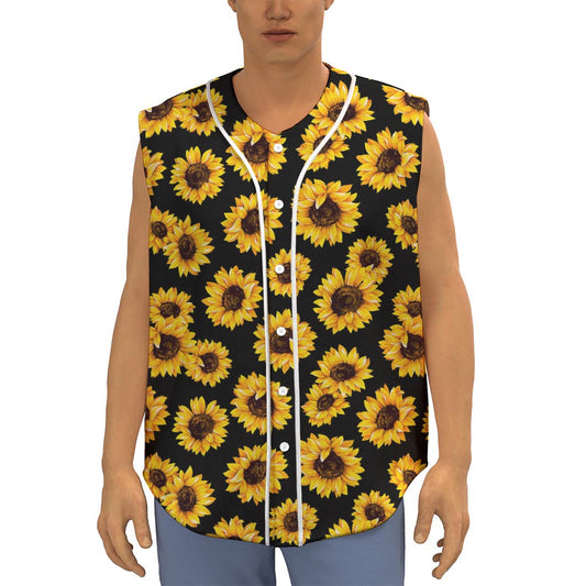 Black Sunflower Pattern Print Sleeveless Baseball Jersey