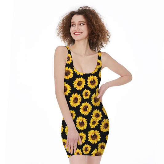 Black Sunflower Pattern Print Sleeveless Bodycon Dress