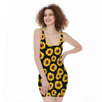 Black Sunflower Pattern Print Sleeveless Bodycon Dress
