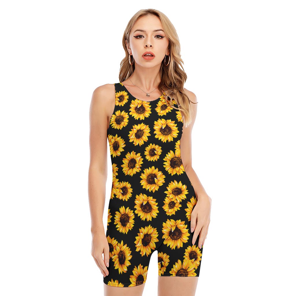 Black Sunflower Pattern Print Sleeveless One Piece Swimsuit