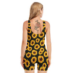 Black Sunflower Pattern Print Sleeveless One Piece Swimsuit