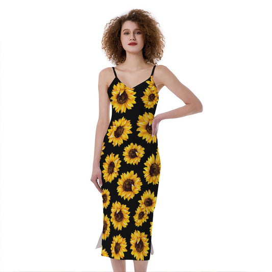 Black Sunflower Pattern Print Slim Fit Midi Cami Dress