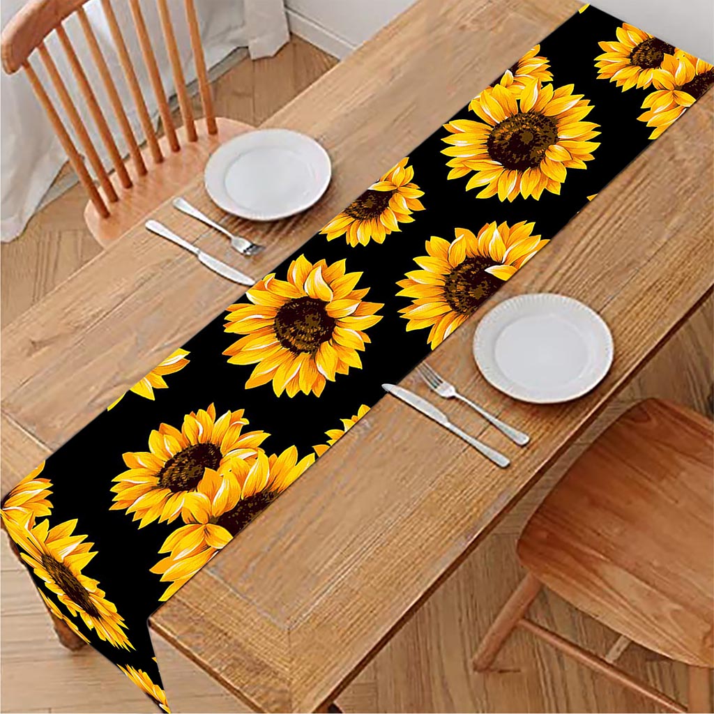 Black Sunflower Pattern Print Table Runner