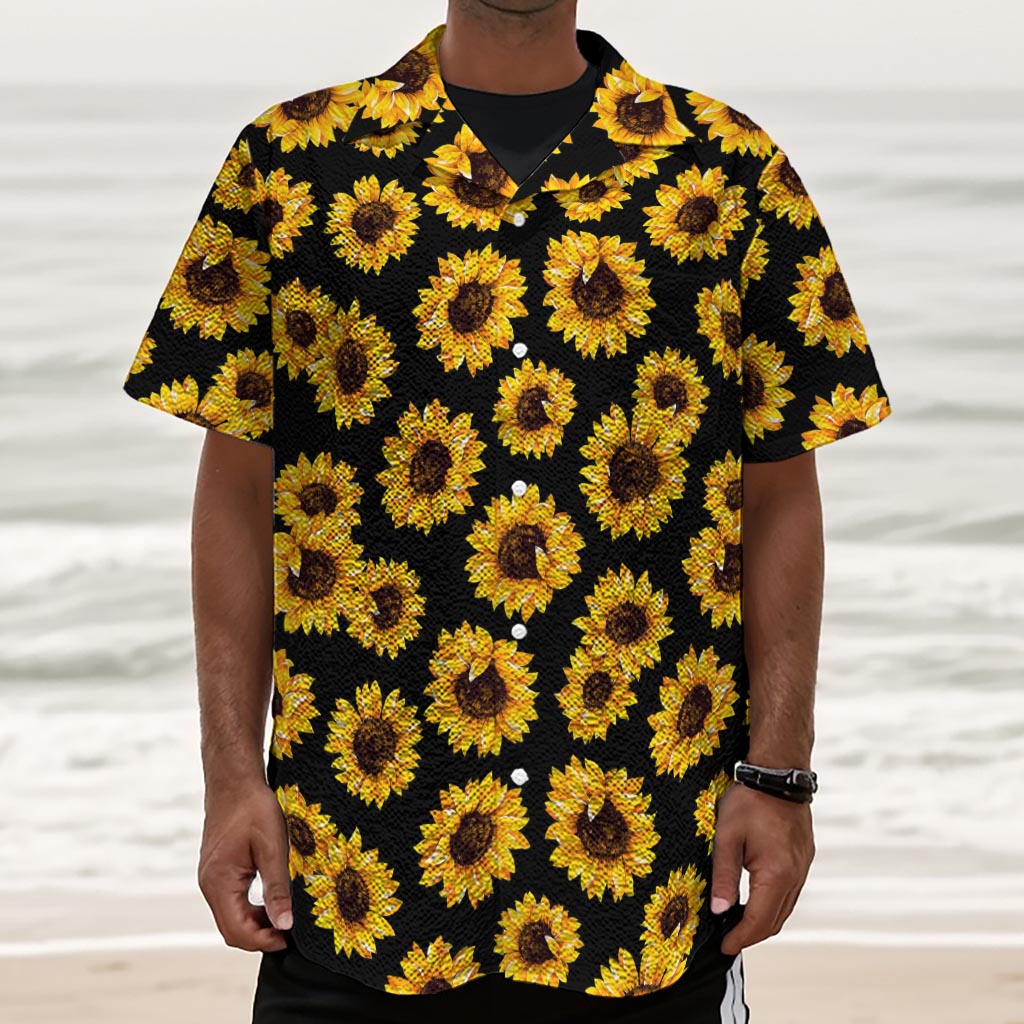 Black Sunflower Pattern Print Textured Short Sleeve Shirt