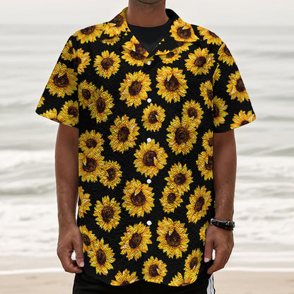 Black Sunflower Pattern Print Textured Short Sleeve Shirt