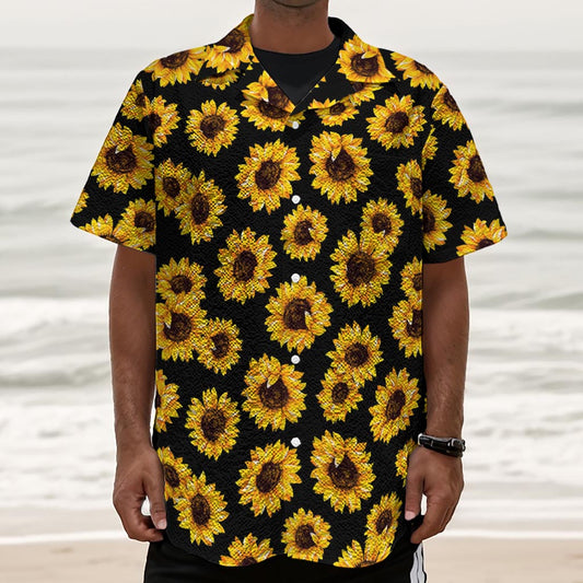 Black Sunflower Pattern Print Textured Short Sleeve Shirt