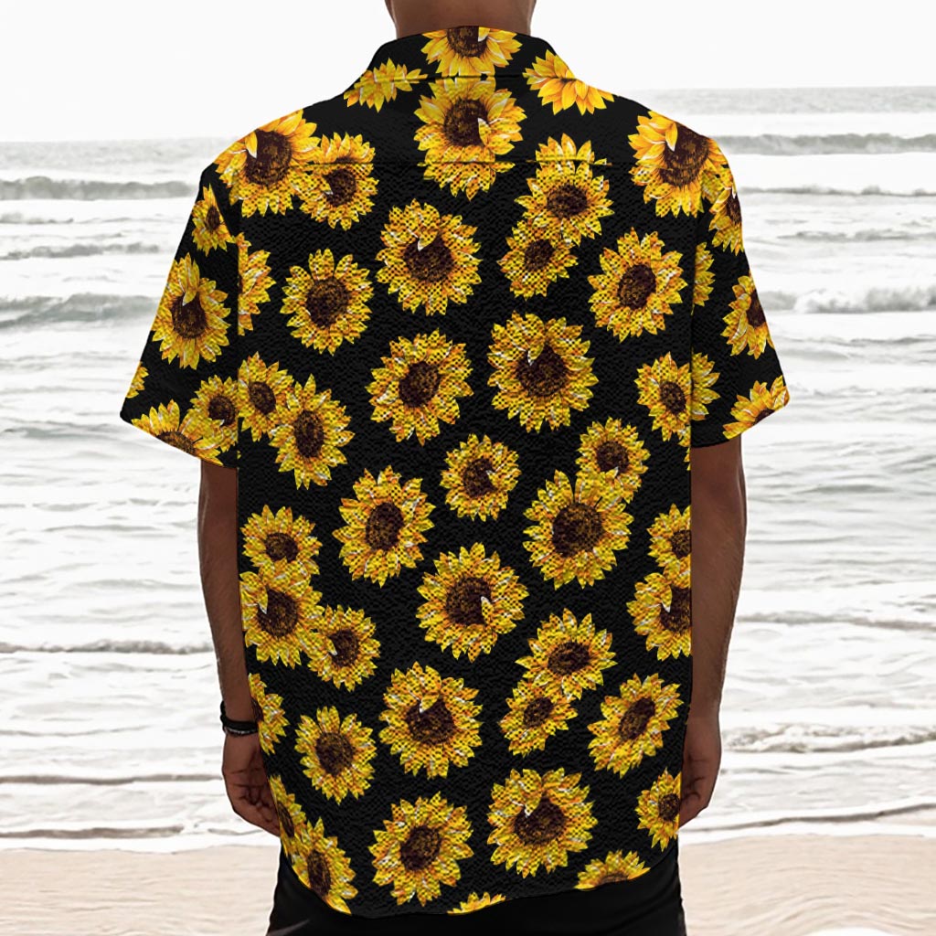 Black Sunflower Pattern Print Textured Short Sleeve Shirt