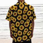 Black Sunflower Pattern Print Textured Short Sleeve Shirt
