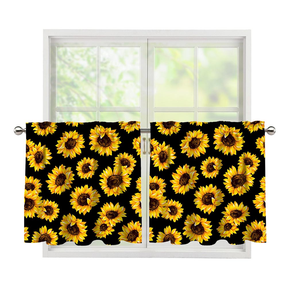 Black Sunflower Pattern Print Tier Curtains