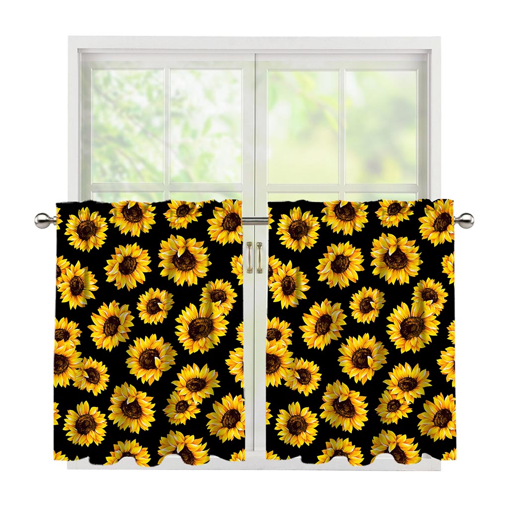 Black Sunflower Pattern Print Tier Curtains