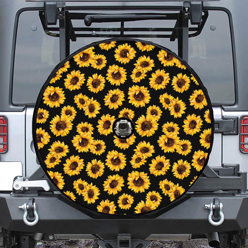 Black Sunflower Pattern Print Tire Cover With Camera Hole